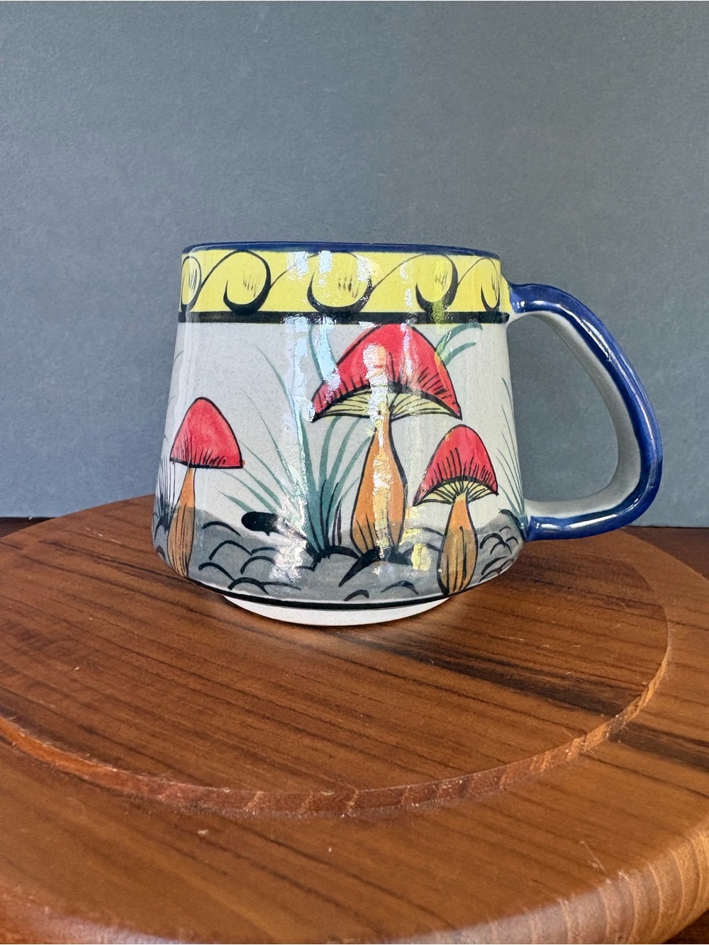 Hand-Painted Mushroom Ceramic Mug with Blue Handle Made in Guatemala